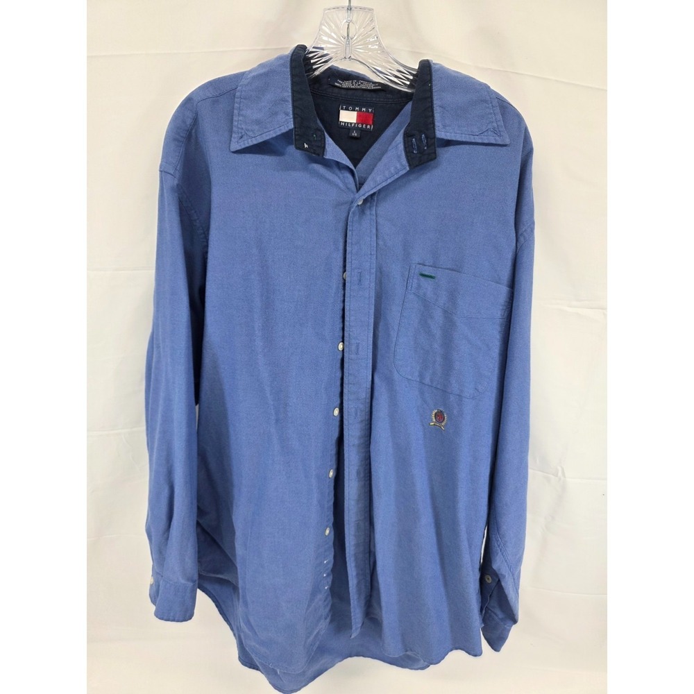 Tommy Hilfiger Mens Large Blue Cotton Oxford Button Down Long Sleeve Shirt Crest
